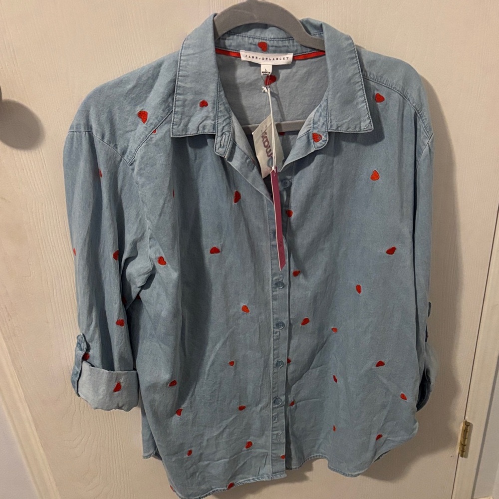 Blue Button-Up Shirt with Red Heart Accents